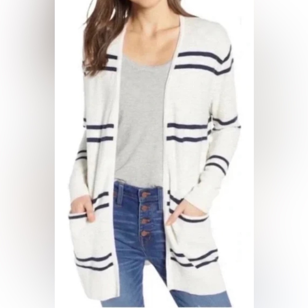 Madewell Ryder Nubby Boucle Stripe Cardigan Sweater Cream Navy SZ L